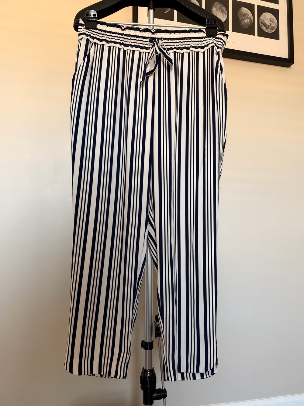 TRF Zara Navy & White Vertical-Stripe Drawstring 7/8 Pants